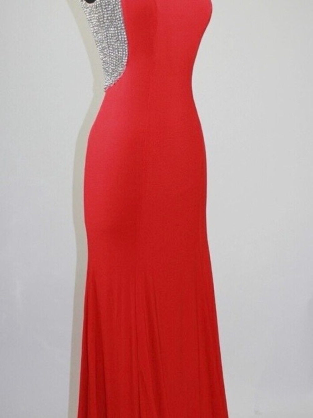 Xscape Red Formal Dress with Beaded Illusion Shoulders